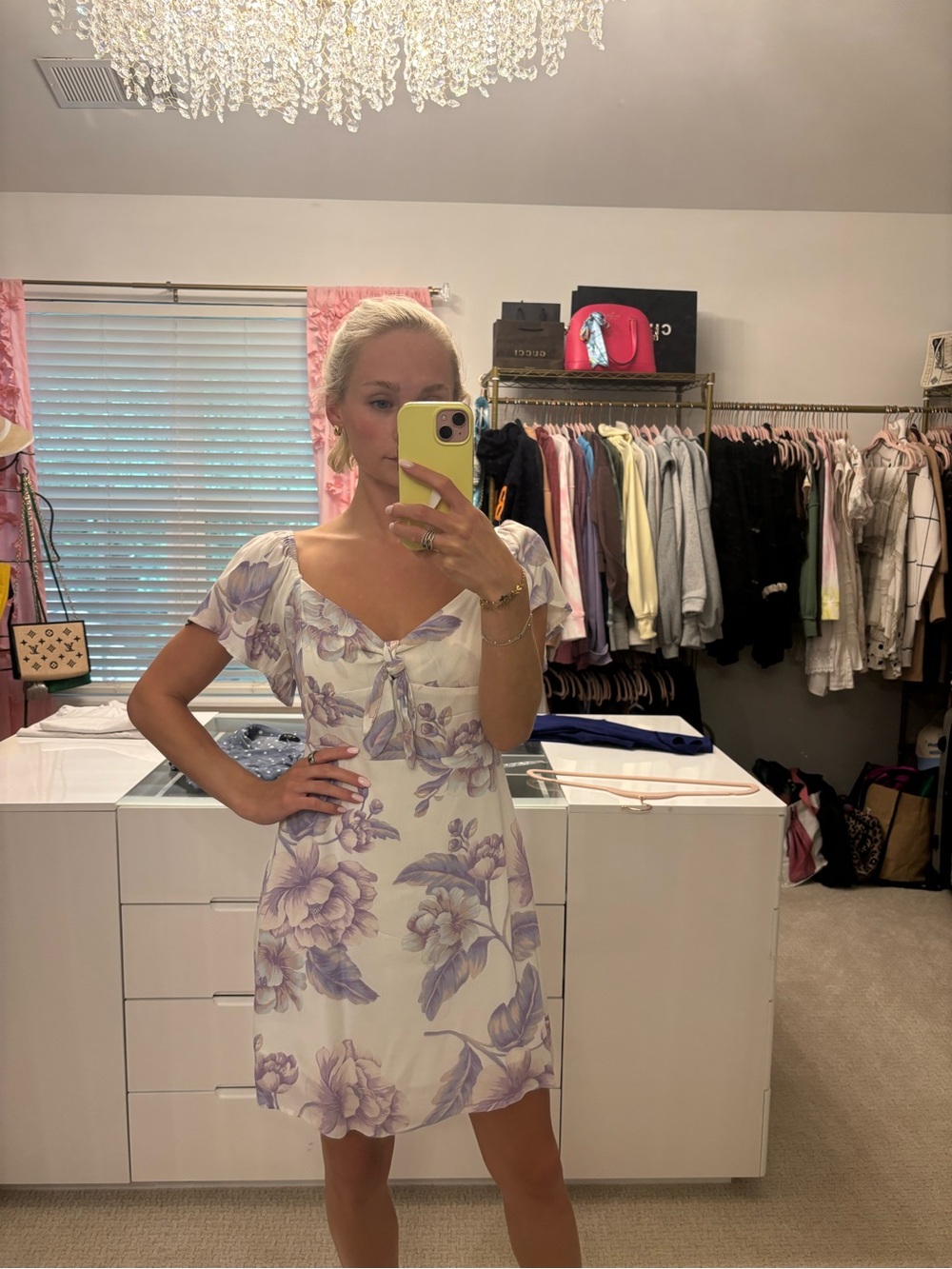 Forever 21 White Mini Dress with Lavender Floral Tie-Front